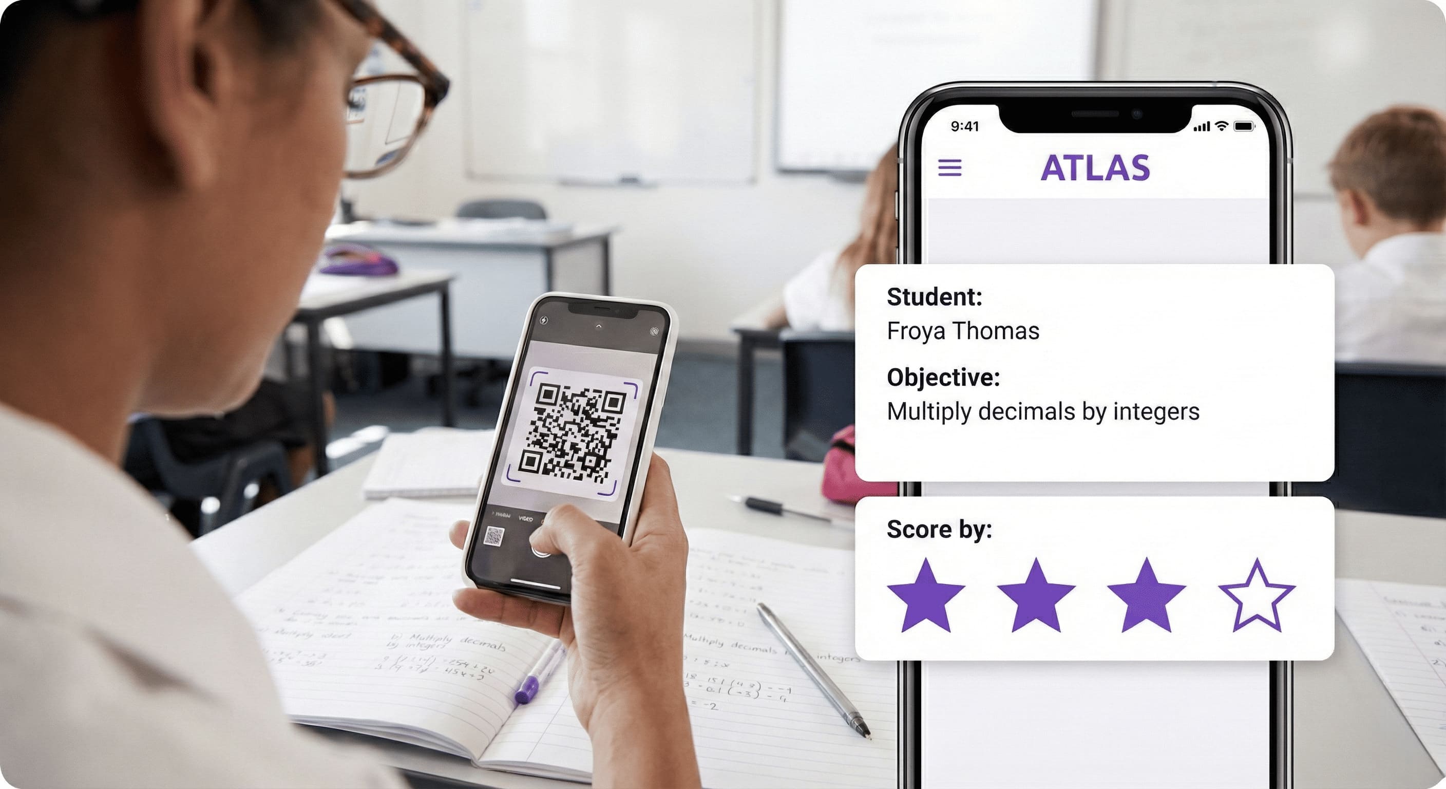 Teacher recording student attainment data instantly with ATLAS QR-code scanning